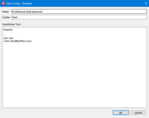 Beeftext metin snippet yönetimi arayüzü