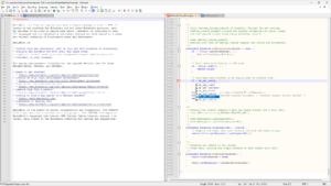Notepad++ v8.9.1 Windows 11 üzerinde bölünmüş pencere ve otomatik tamamlama görünümü