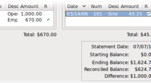 GnuCash hesap mutabakat ekranı