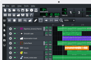 LMMS ana arayüz ekran görüntüsü - Beat + Bassline editörü ve Song editörü