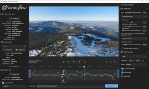 Gyroflow video stabilizasyon arayüzü ve jiroskop verisi grafiği