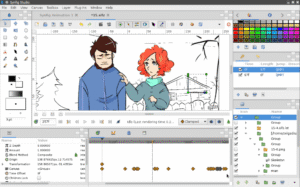 Synfig Studio zaman çizelgesi ve katman paneli