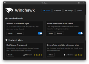 Windhawk mod marketi arayüzü Windows özelleştirme